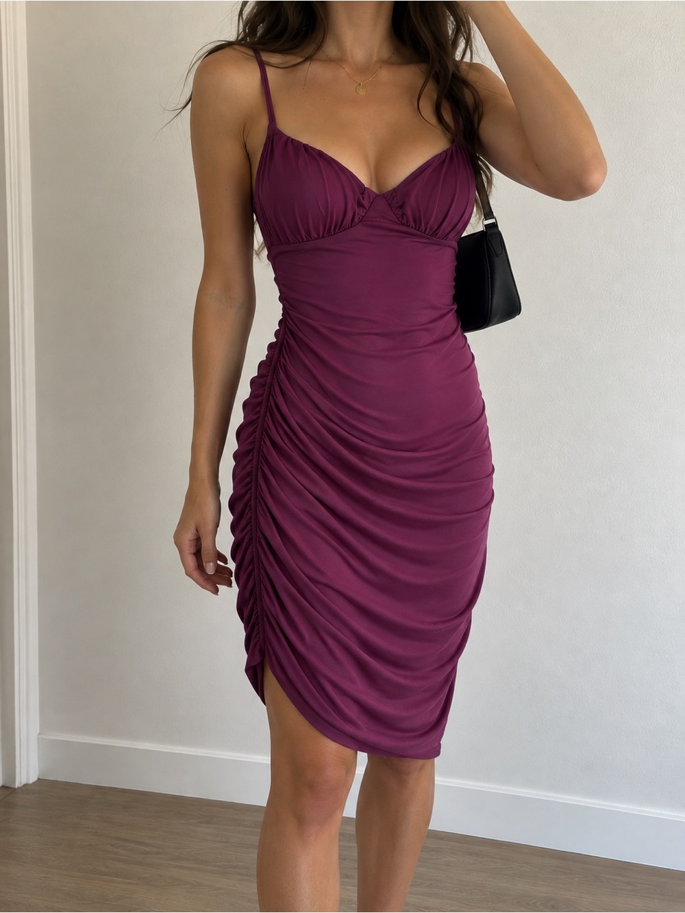 Windsor Ruched Spaghetti-Strap Midi Dress in Plum